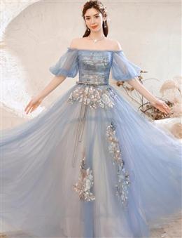 Picture of Pretty Blue Tulle with Lace Long Off Shoulder Formal Dress, Blue A-line Prom Dresses